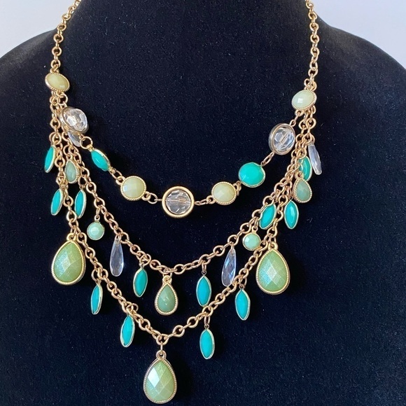 Necklace Multiple Strands Acrylic Dangles Green & Gold Tone fashion 18”+3” - Picture 1 of 11